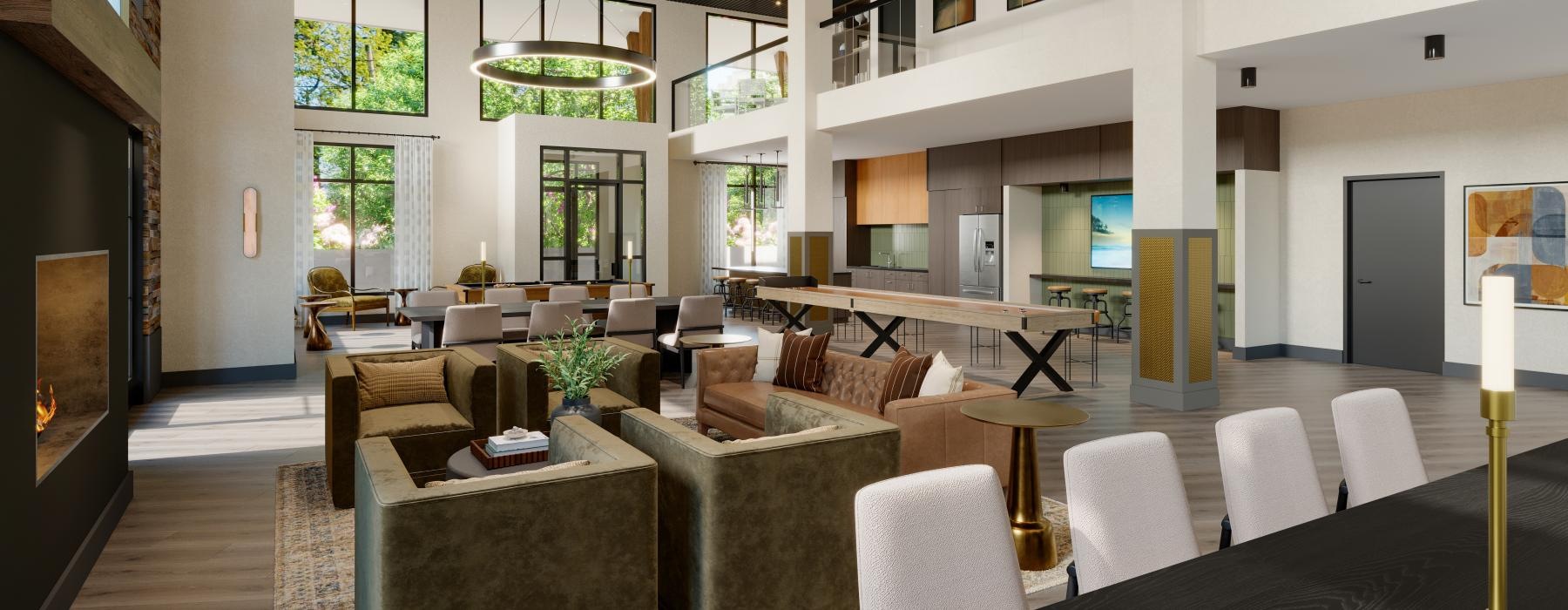 a room with a table chairs and a fireplace