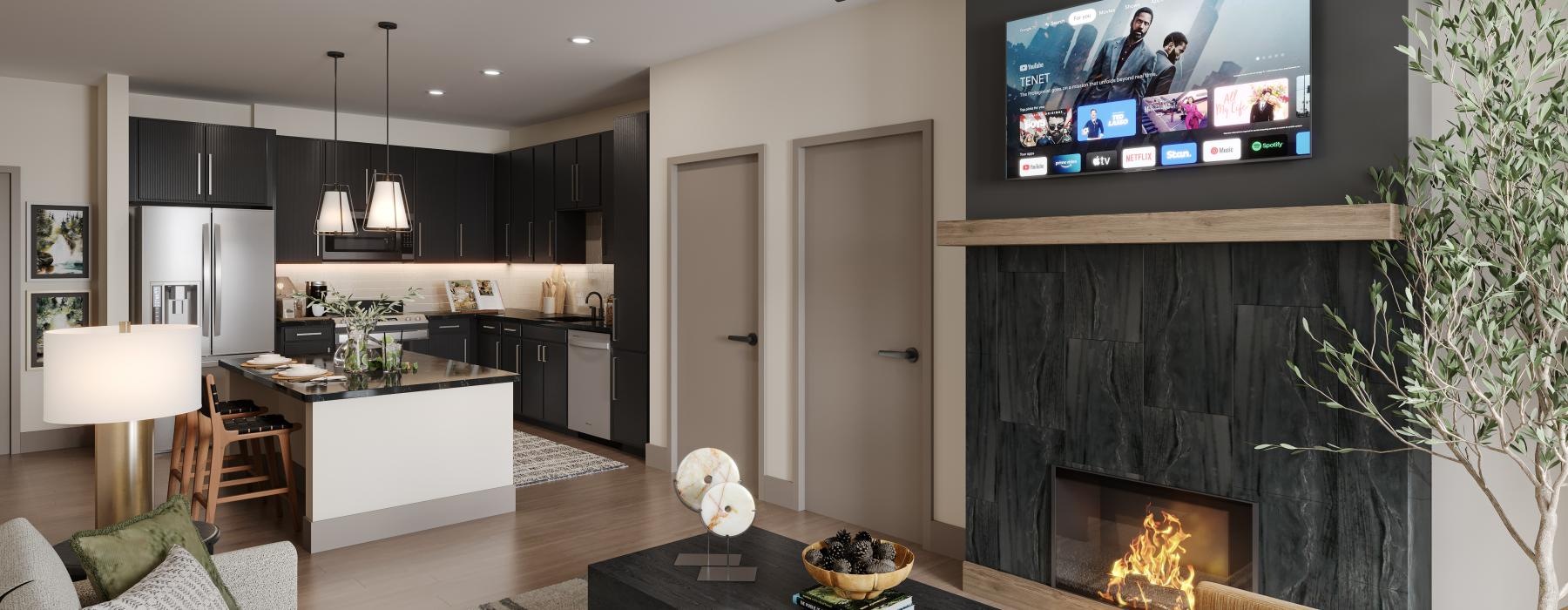 a living room with a fireplace and a tv