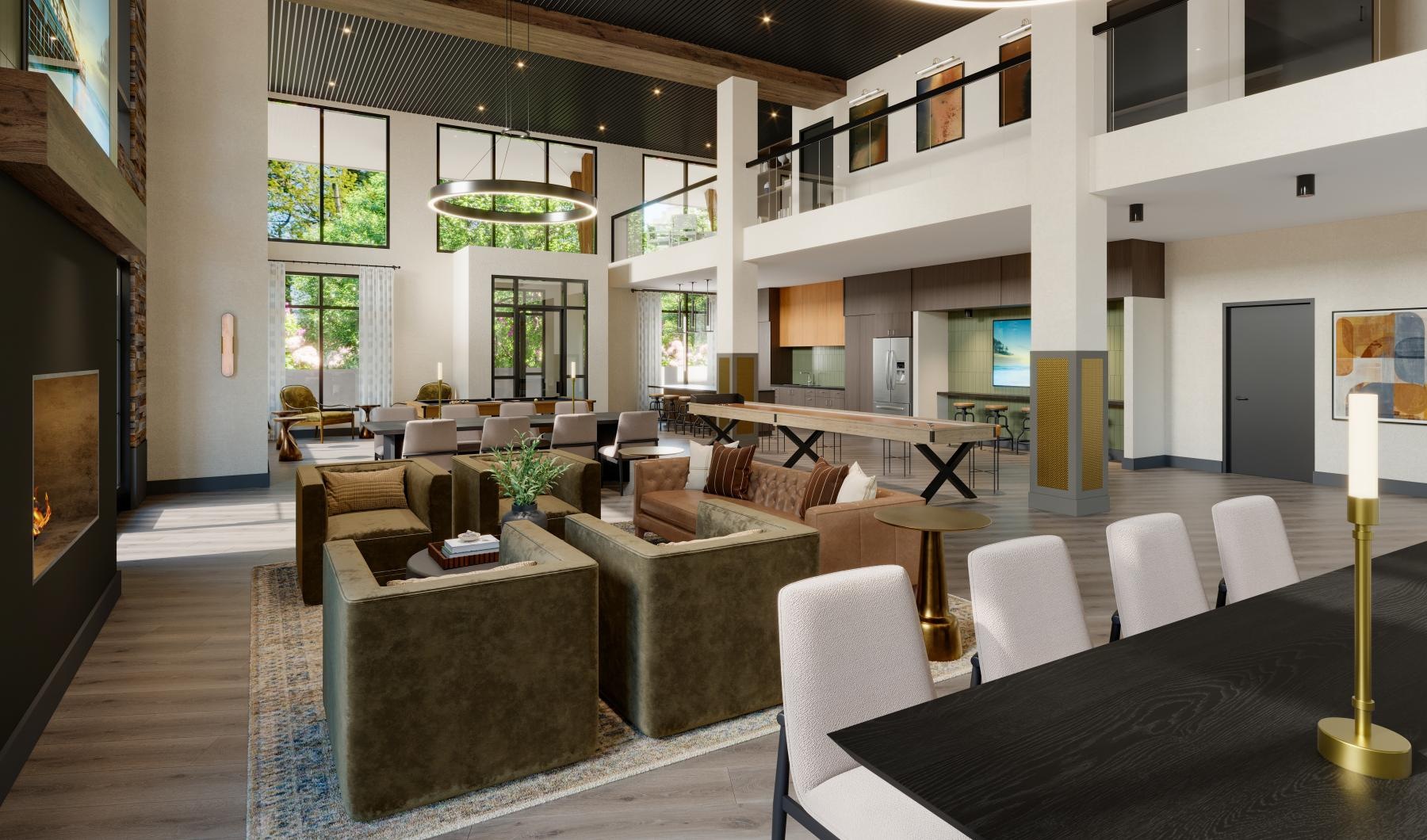 a room with a table chairs and a fireplace