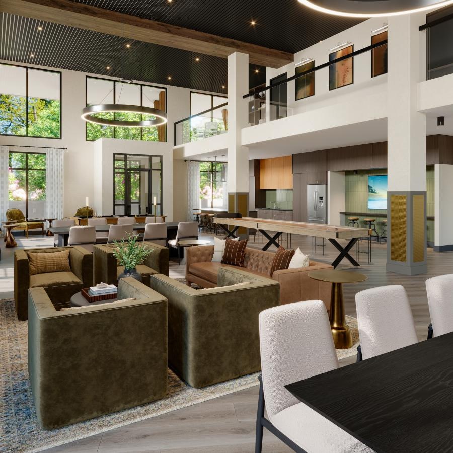 a room with a table chairs and a fireplace